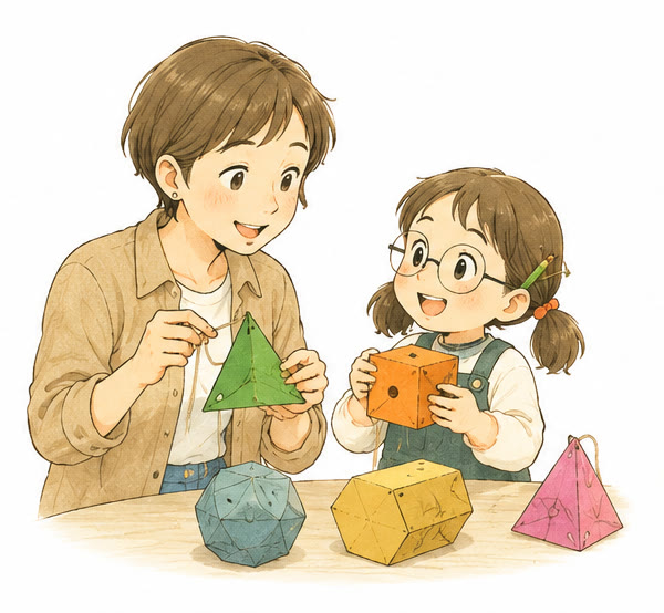 できあがった多面体のおうちを手に、親子で見せあうあきさんとひなちゃん