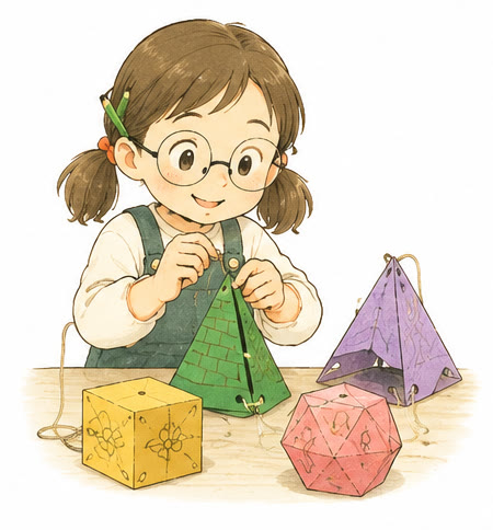 タコ糸をひっぱって立体を組み立てるひなちゃん