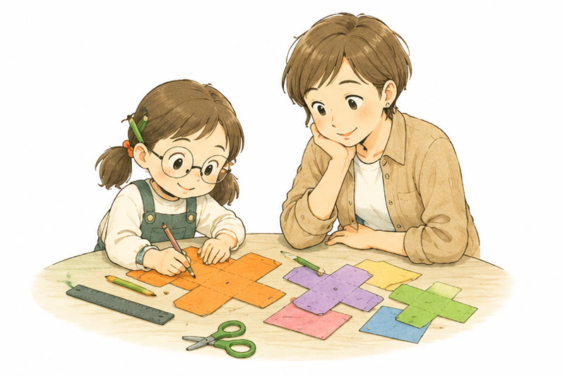 展開図に絵をかきこむひなちゃんと、見守るあきさん