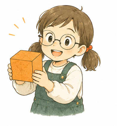 できあがった立方体のおうちをかかげるひなちゃん