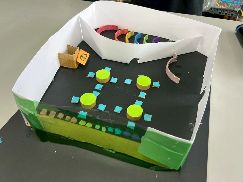 A library model with rainbow-colored arched bookshelves